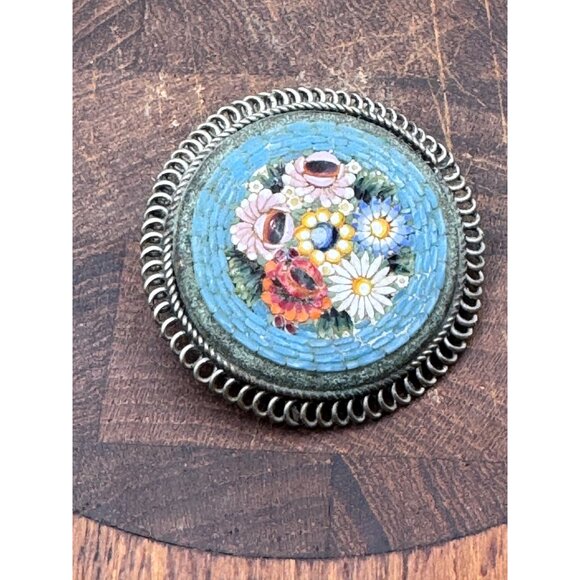 Vintage Micro Mosaic Flower Floral Pin Brooch Alpaca Italy - Picture 3 of 7